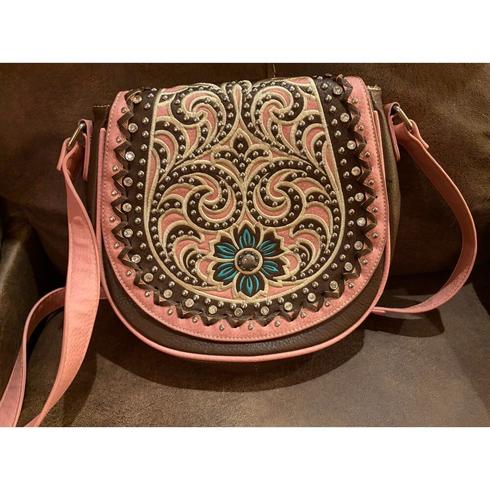 Montana West Pink Brown Western Crossbody Bag with Turquoise Accent - Picture 6 of 16